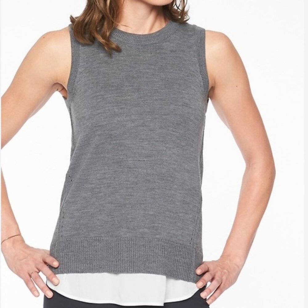 NWT Athleta Gray White Merino Wool Layering Sleeveless Sweater Tank Womens XXS